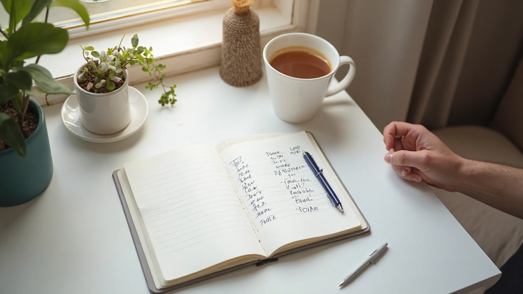 Werkplek met notitieboekje, pen en koffiemok in ochtendlicht