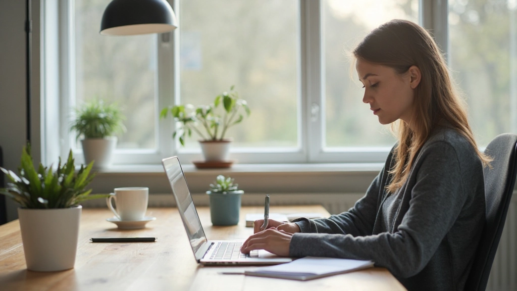 Modern kantoor met natuurlijk licht, persoon werkt gefocust aan tafel met laptop