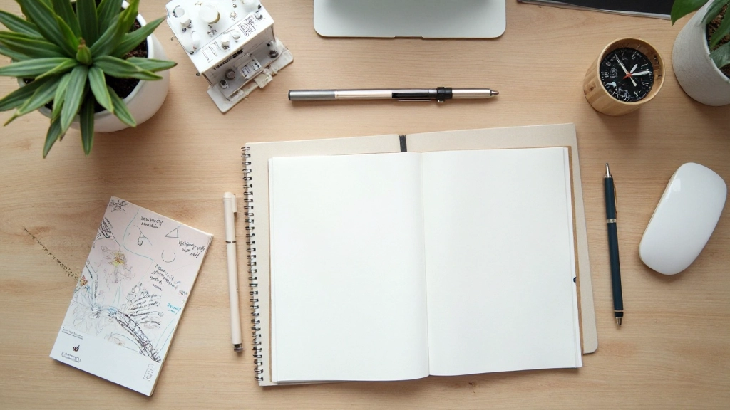 Bureauopstelling met analoge klok, notitieboekje en werkmateriaal georganiseerd op houten tafel