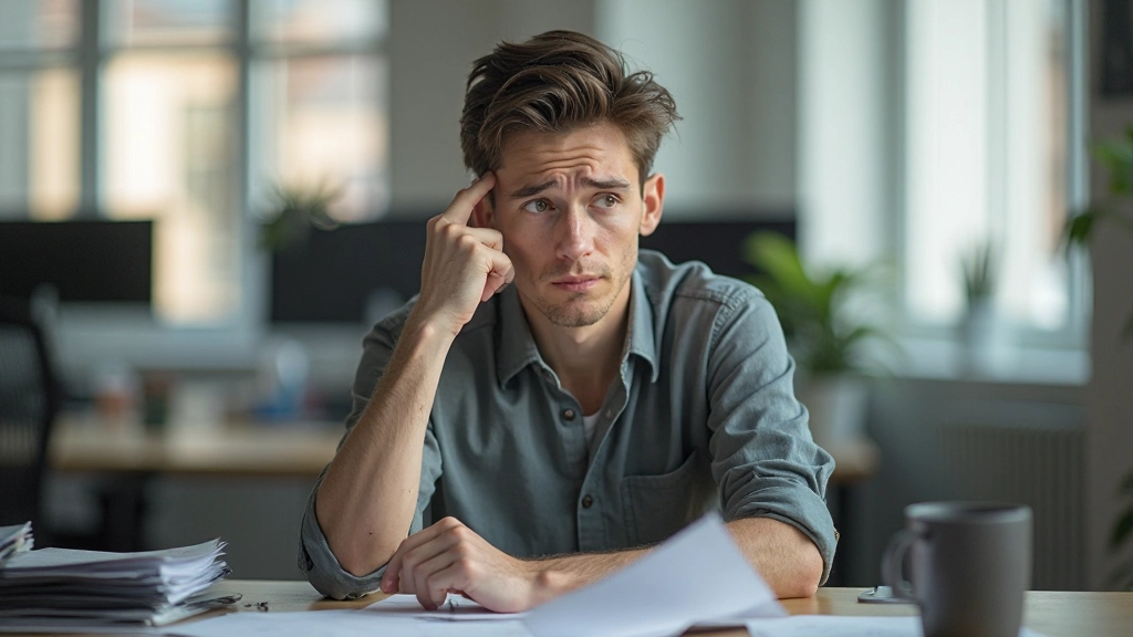 Persoon aan bureau met hoofd in handen, gefrustreerd, omringd door papieren, kantoor setting met zacht licht