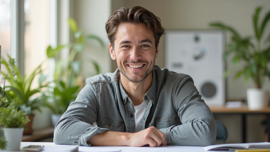 Glimlachende persoon aan bureau met voltooide notities, succesvolle werksessie, blij gezicht