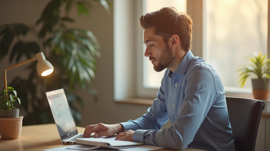 Persoon werkt gefocust aan bureau met notitieboek en kopje koffie