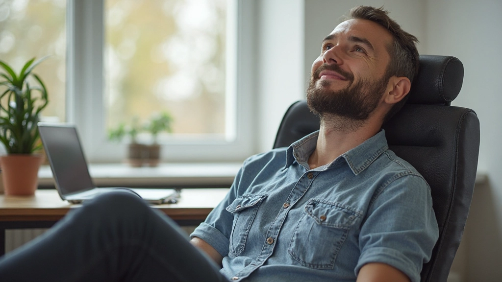 Persoon na succesvol voltooide werkblok, ontspannen moment, voltooid gevoel