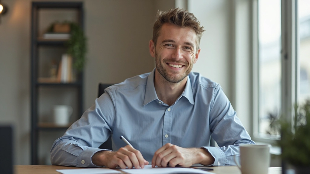 Persoon zittend bij bureau, zelfverzekerd glimlachend naar camera, gekleed in zakelijk casual, daglicht door raam, bovenkant zichtbaar