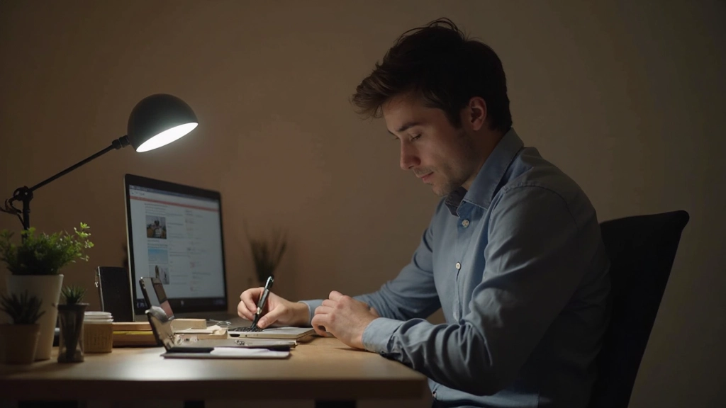 Persoon aan bureau gefocust op werk, bedachtzaam moment, intense concentratie