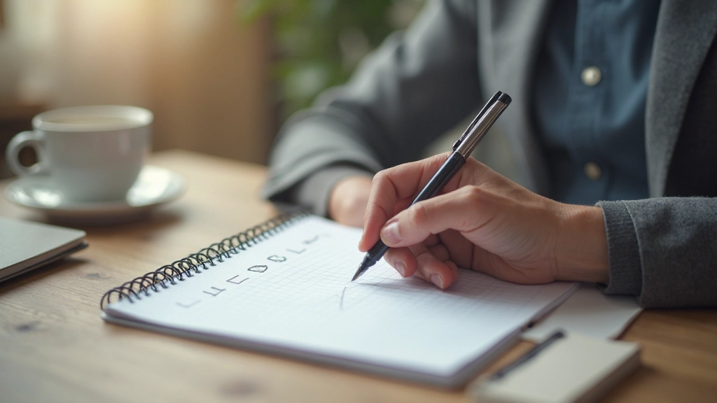 Close-up van iemand die een taken checklist invult met pen op papier, met koffiekopje op de achtergrond