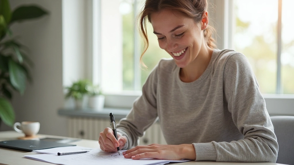 Iemand vult een takenlijst in met een glimlach, tevreden met voltooide taken, inspirerend moment