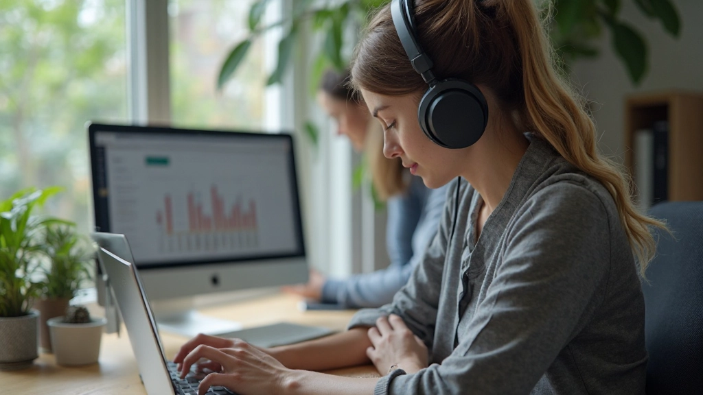 Iemand zit gefocust aan een bureau met koptelefoon, werkt productief aan taken