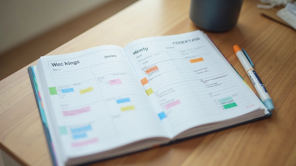 Dag- en weekplanner open op tafel met gekleurde markeringen