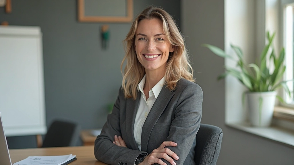 Persoon zittend aan bureau, zelfverzekerd kijkend naar de camera, bovenlichaam zichtbaar, kantoor setting met natuurlijke verlichting